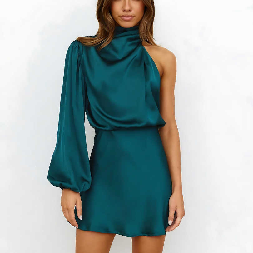 Dresslys | Elegant One-Shoulder Satin Mini Dress with Long Sleeve