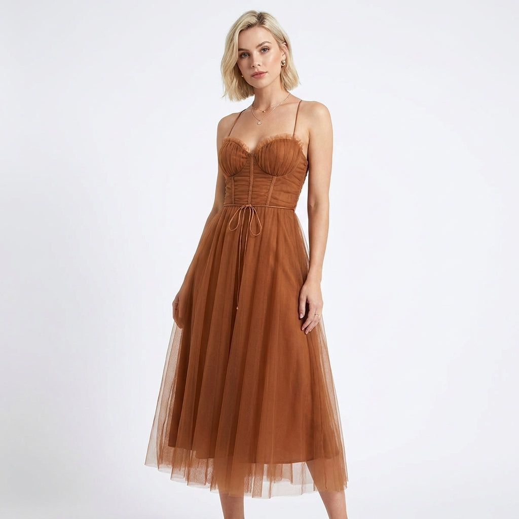 Dresslys | Elegant Corset Tulle Dress with Thin Straps and Knee Length