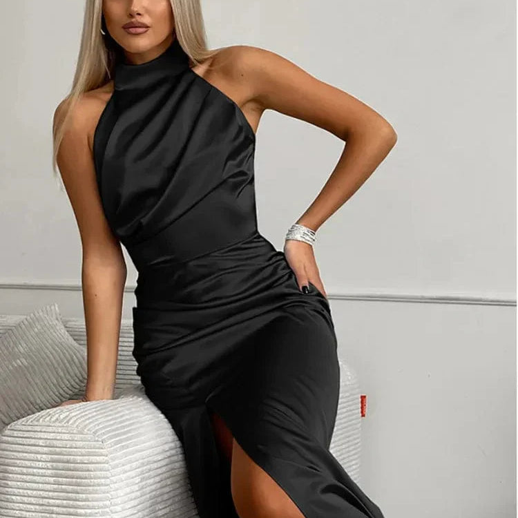 Dresslys | Women's Satin Halter Maxi Dress with Side Split
