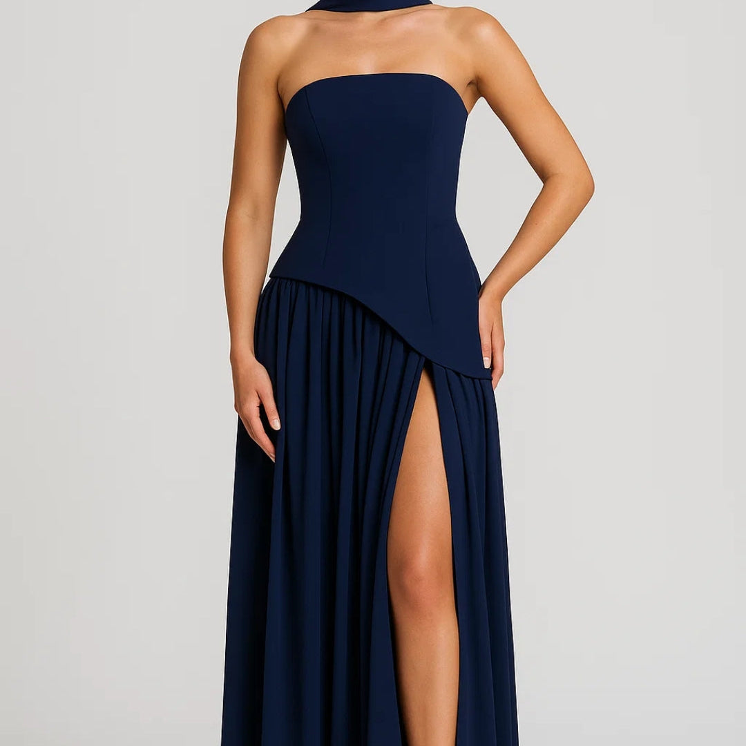 Dresslys | Elegant Strapless Corset Maxi Dress with Halter Strap and Deep Slit