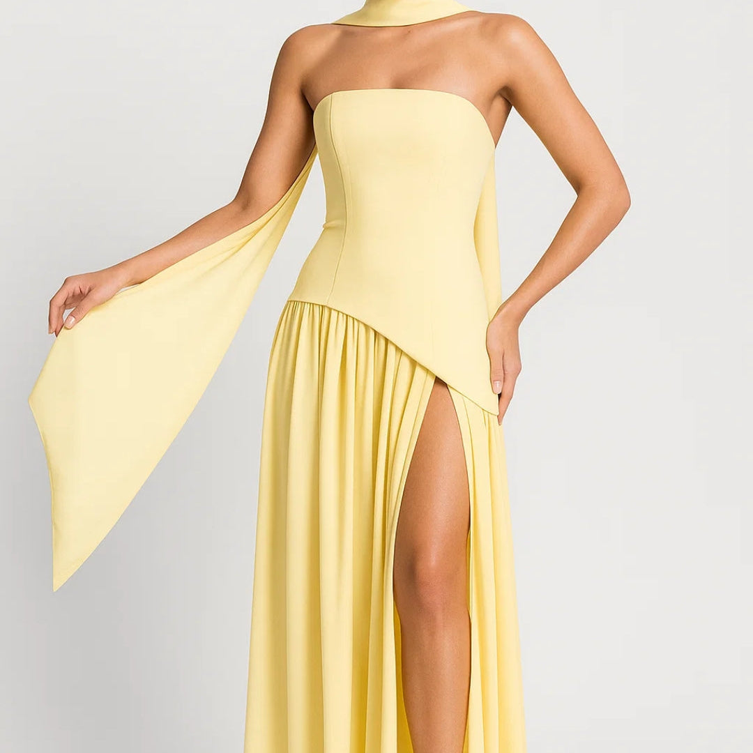 Dresslys | Elegant Strapless Corset Maxi Dress with Halter Strap and Deep Slit