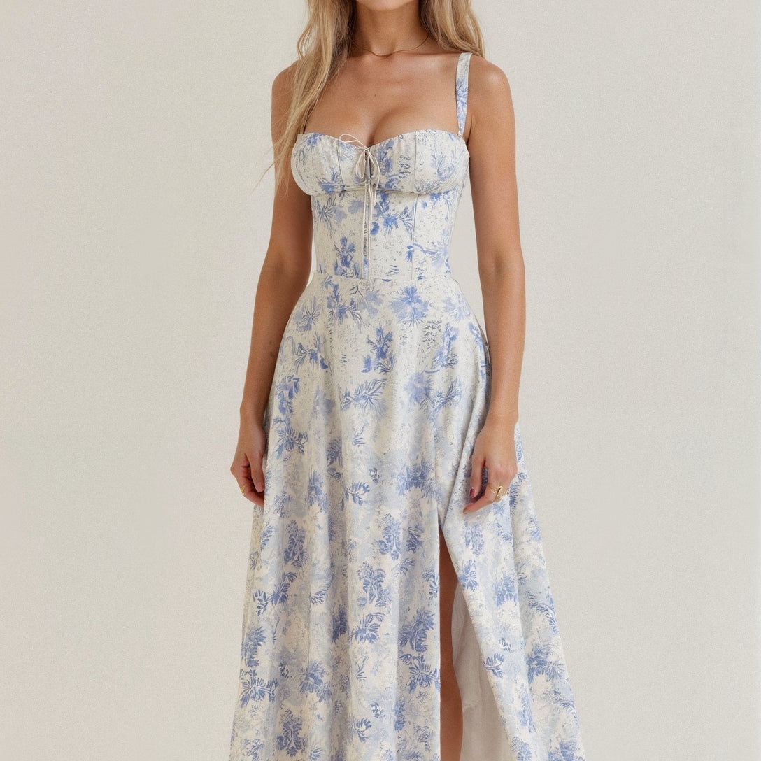 Dresslys | Elegant Floral Corset Midi Dress with Flowing Skirt