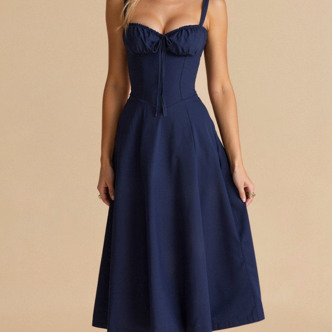 Dresslys | Elegant Floral Corset Midi Dress with Flowing Skirt