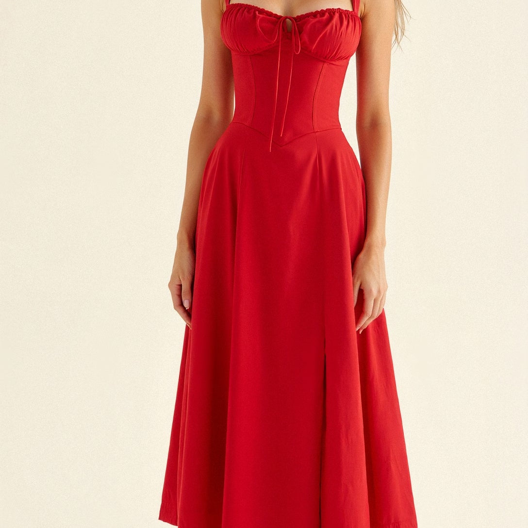 Dresslys | Elegant Floral Corset Midi Dress with Flowing Skirt