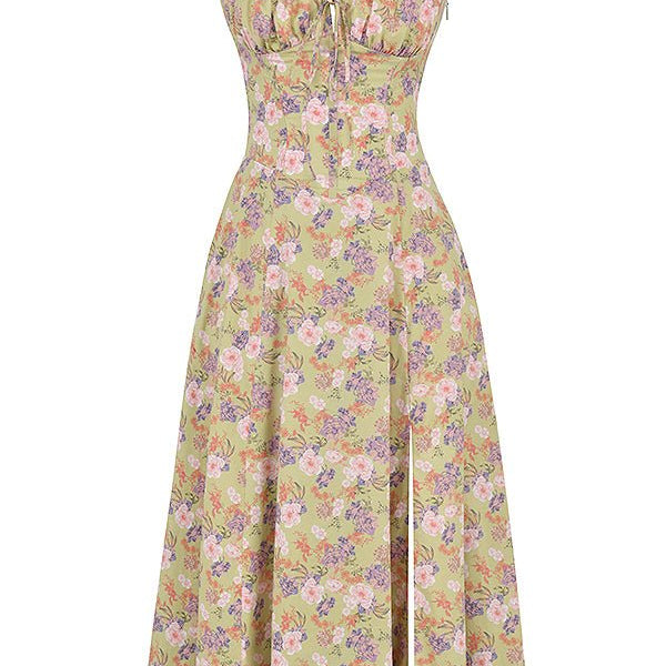 Dresslys | Elegant Floral Corset Midi Dress with Flowing Skirt