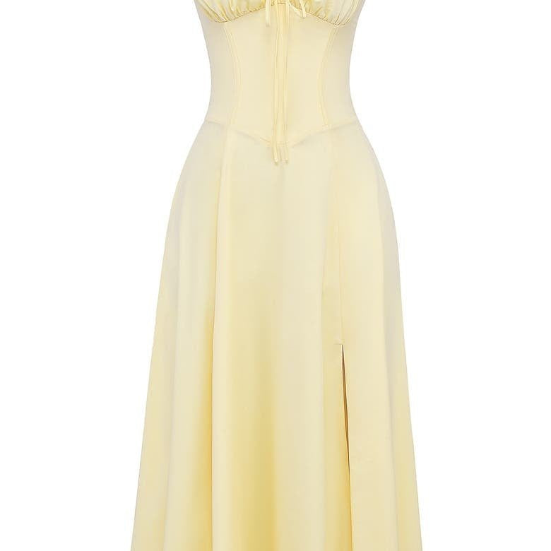 Dresslys | Elegant Floral Corset Midi Dress with Flowing Skirt