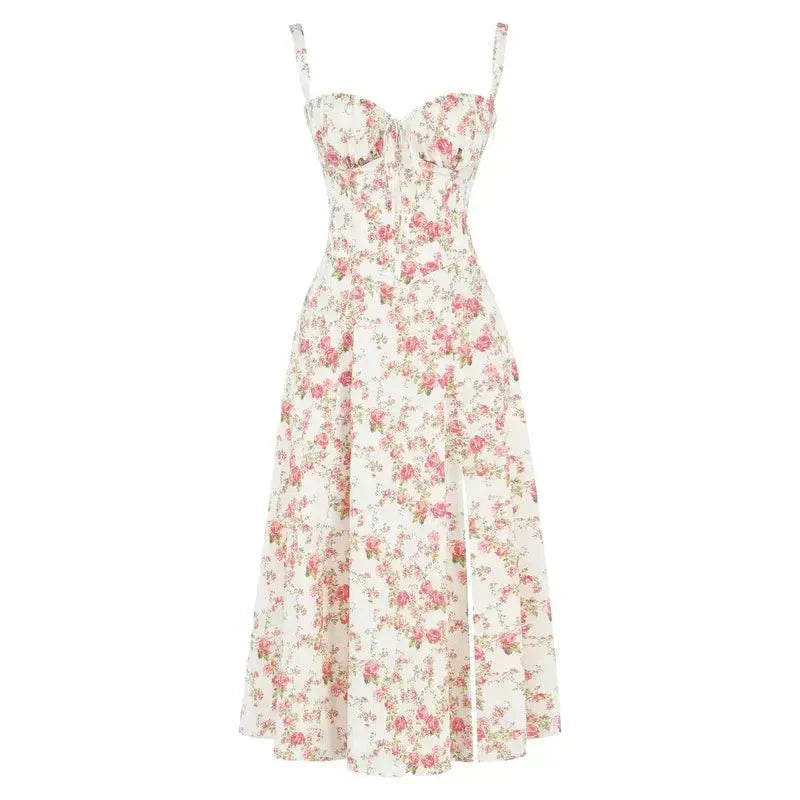 Dresslys | Elegant Floral Corset Midi Dress with Flowing Skirt